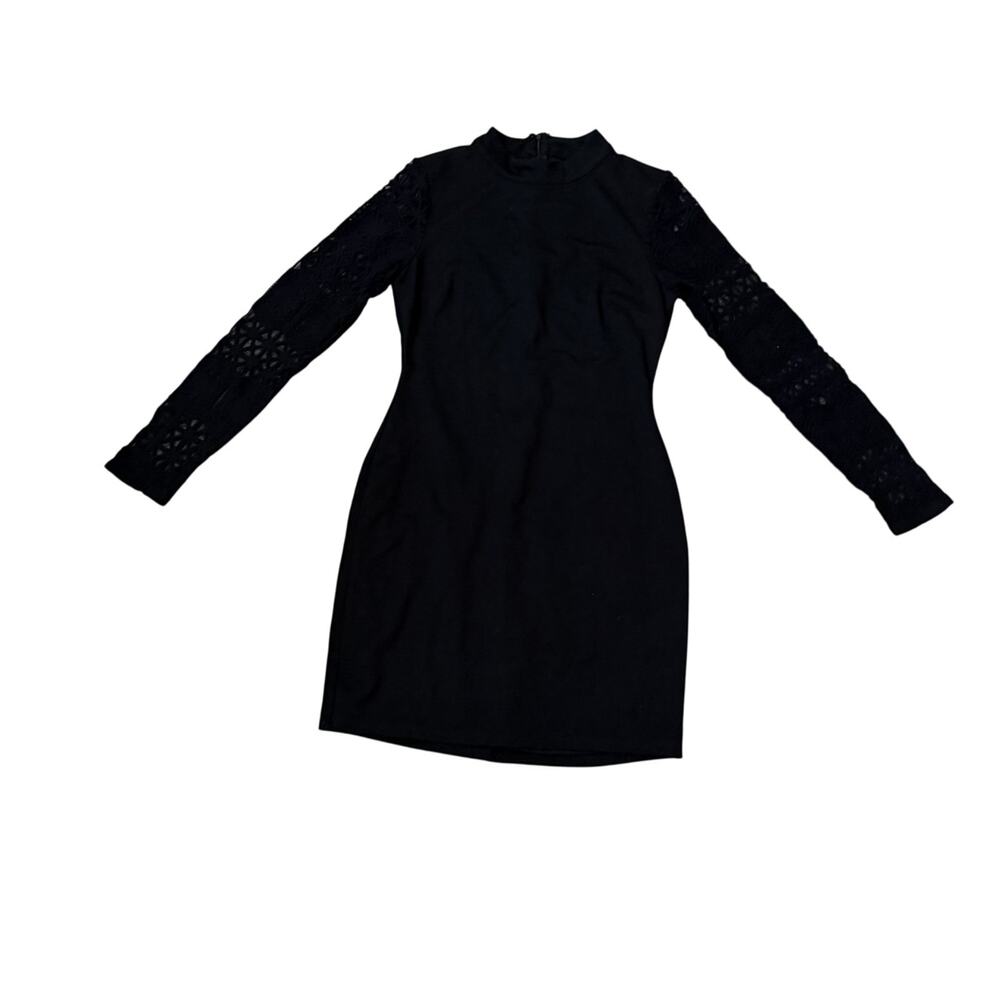 Lulus black long slv body con dress see thru sleeves sexy dressy cocktail sz M
